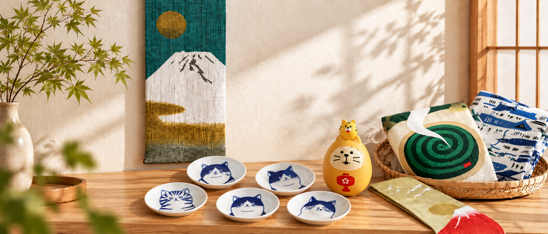 Nature morte japonaise aux assiettes félines